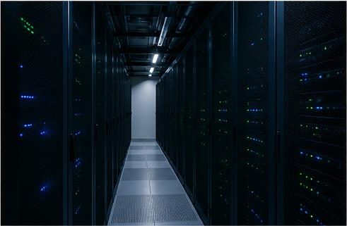Konceptuelt serverrum med rækker af kabinetter